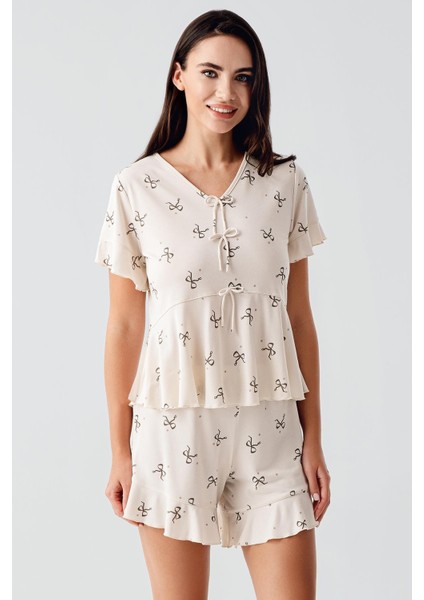 Fiyonk Desenli Kısa Kollu Esnek Viskoz Şort Pijama Takım 17205 fiyatları