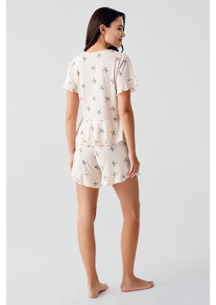 Fiyonk Desenli Kısa Kollu Esnek Viskoz Şort Pijama Takım 17205 modelleri