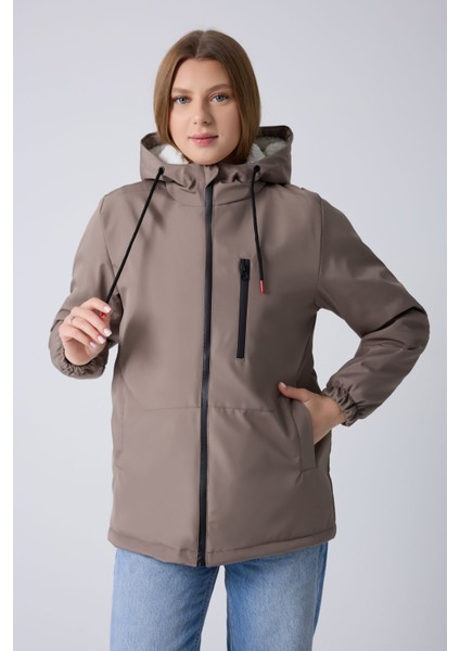 Kadın Vizon Içi Kürklü Su ve Rüzgar Geçirmez Kapüşonlu Kışlık Mont & Kaban & Parka ML-FMM-100-K