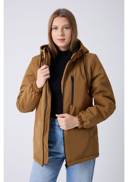 Kadın Taba Içi Kürklü Su ve Rüzgar Geçirmez Kapüşonlu Kışlık Mont & Kaban & Parka ML-FMM-100-K