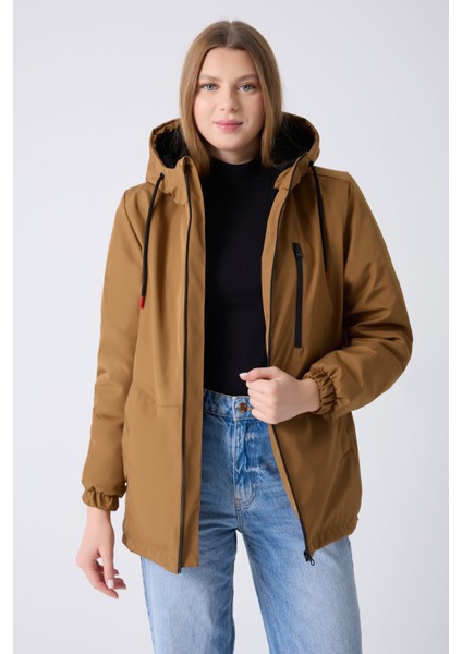 Kadın Taba Içi Kürklü Su ve Rüzgar Geçirmez Kapüşonlu Kışlık Mont & Kaban & Parka ML-FMM-100-K
