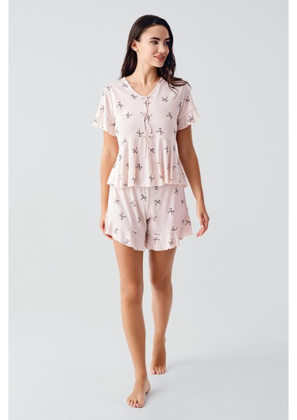 Fiyonk Desenli Kısa Kollu Esnek Viskoz Şort Pijama Takım 17205