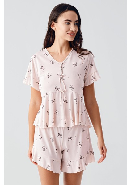 Fiyonk Desenli Kısa Kollu Esnek Viskoz Şort Pijama Takım 17205 fiyatları