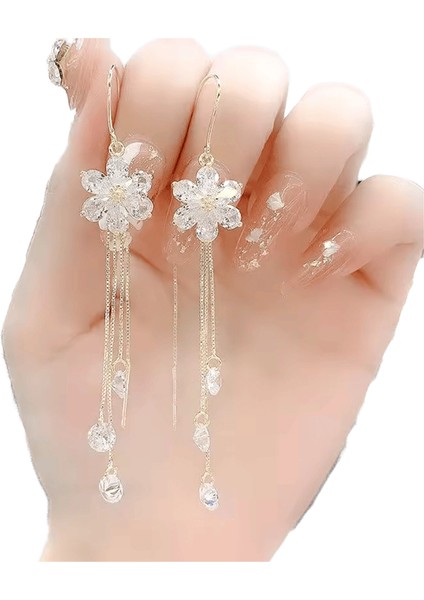 Lüks Kristal Çiçek Püskül Damla Küpe Kadınlar Için Parlak Zirkon Opal Uzun Dangle Küpe Kızlar Parti Düğün Takı Hediye Metal RENK:ER22Y1837 (Yurt Dışından)