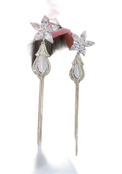 Lüks Kristal Çiçek Püskül Damla Küpe Kadınlar Için Parlak Zirkon Opal Uzun Dangle Küpe Kızlar Parti Düğün Takı Hediye Metal RENK:ER22Y1801 (Yurt Dışından)