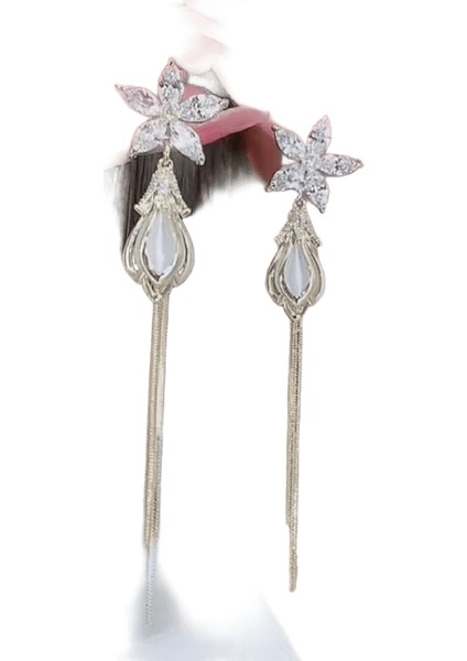 Lüks Kristal Çiçek Püskül Damla Küpe Kadınlar Için Parlak Zirkon Opal Uzun Dangle Küpe Kızlar Parti Düğün Takı Hediye Metal RENK:ER22Y1694 (Yurt Dışından)