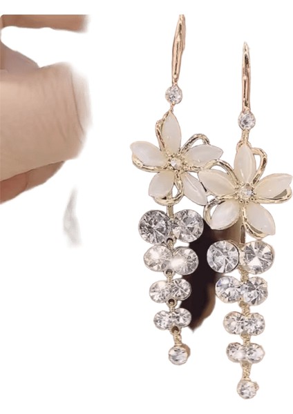 Lüks Kristal Çiçek Püskül Damla Küpe Kadınlar Için Parlak Zirkon Opal Uzun Dangle Küpe Kızlar Parti Düğün Takı Hediye Metal RENK:ER22Y1523 (Yurt Dışından)