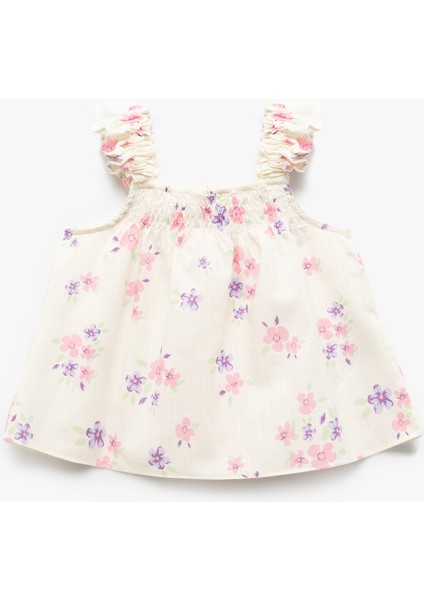 Çiçek Desenli Büzgü Detaylı Askılı Bluz