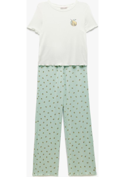 Viskon Kumaş Bisiklet Yaka Kısa Kollu Limon Baskılı Pijama Takımı