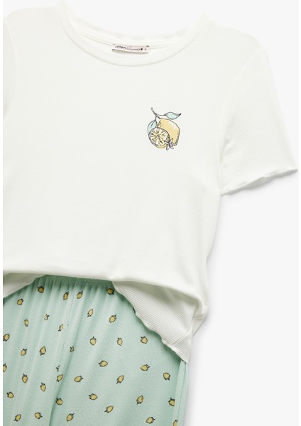 Viskon Kumaş Bisiklet Yaka Kısa Kollu Limon Baskılı Pijama Takımı