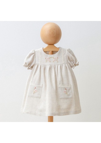 4233MY Kız Bebek Keten Cepli Çiçek Nakışlıi Keten Elbise