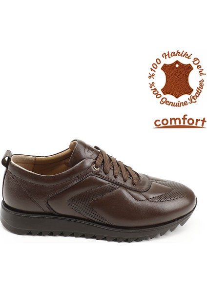 Erkek Kahverengi Hakiki Deri Bağcıklı Sneaker