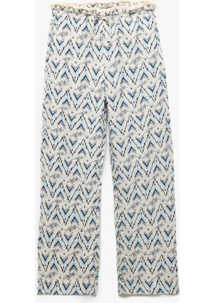 Viskon Beli Bağcıklı Desenli Düz Paça Pantolon