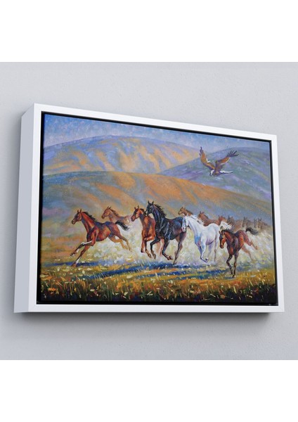 Çerçeveli At Sürüsü ve Kartal Yağlıboya Görünüm Dekoratif Kanvas Duvar TABLOSU-3600
