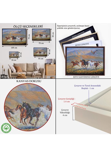 Çerçeveli At Sürüsü ve Kartal Yağlıboya Görünüm Dekoratif Kanvas Duvar TABLOSU-3600 indirimleri