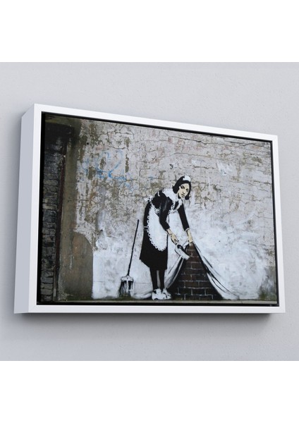 Çerçeveli Banksy'nin Londra Sokaklarını Süpüren Temizlikçi Kadın Kanvas TABLOSU-5004
