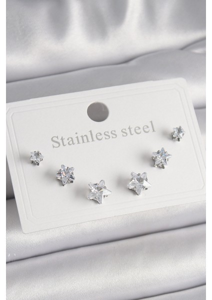 316L Çelik Gümüş Renk Zirkon Taşlı Yıldız Model Kadın Küpe Seti - Lisinya