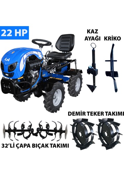 4x4 Dizel Marşlı Mini Traktör Çapa Makinası 22 Hp