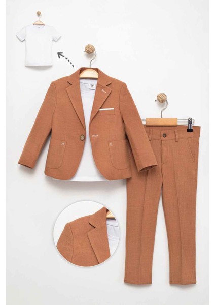 Blazer Ceket, Pantolon ve Tişört 3'lü Erkek Çocuk Takım Elbisesi - Tarçın
