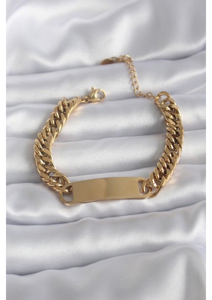 316L Çelik Gold Renk Isim Yazılabilir Plaka Model Kadın Bileklik - Lisinya