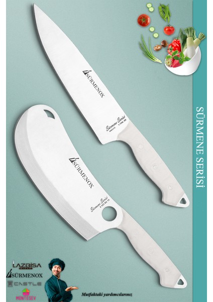 Sürmene Serisi Mutfak Şef Bıçak Seti Et Ekmek Sebze Börek Pizza Şef Bıçağı 2'li Set Beyaz (MFT-015)
