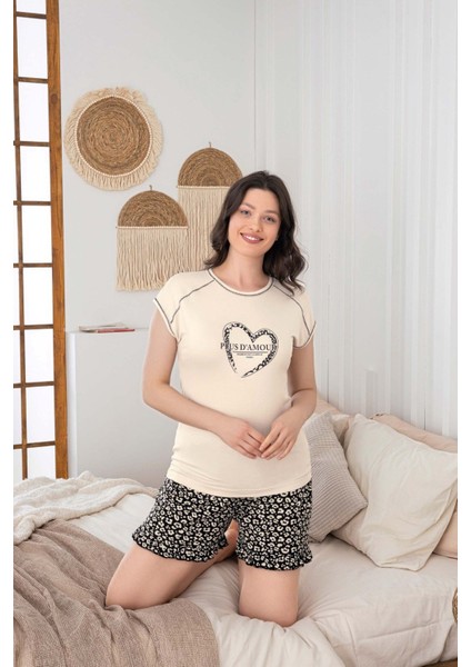 Kadın Düğmesiz Bisiklet Yaka Yazlık Kısa Kollu Mini Şortlu Pijama Takımı