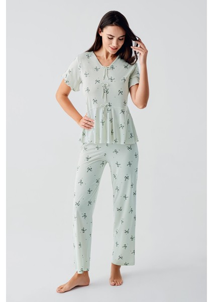 Fiyonk Desenli Kısa Kollu Esnek Viskoz Pijama Takım 17206