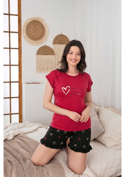 Kadın Düğmesiz Bisiklet Yaka Yazlık Kısa Kollu Mini Şortlu Pijama Takımı