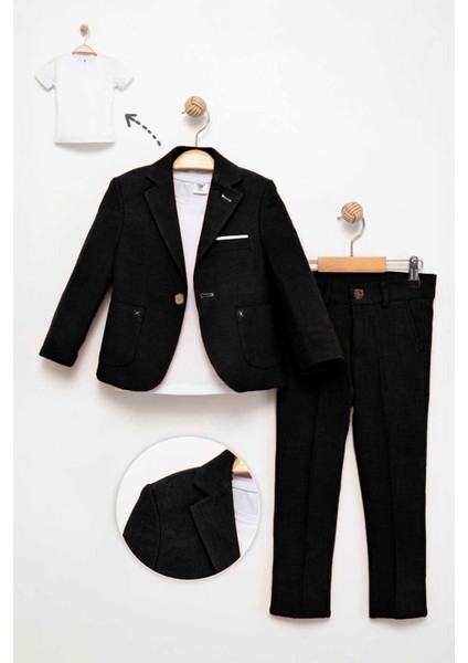 Blazer Ceket, Pantolon ve Tişört 3'lü Erkek Çocuk Takım Elbisesi - Siyah