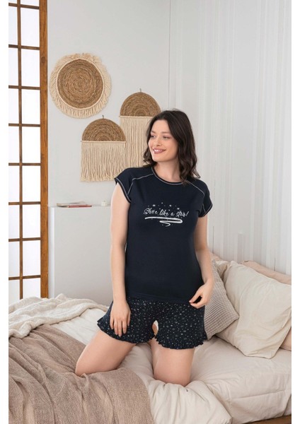 Kadın Düğmesiz Bisiklet Yaka Yazlık Kısa Kollu Mini Şortlu Pijama Takımı