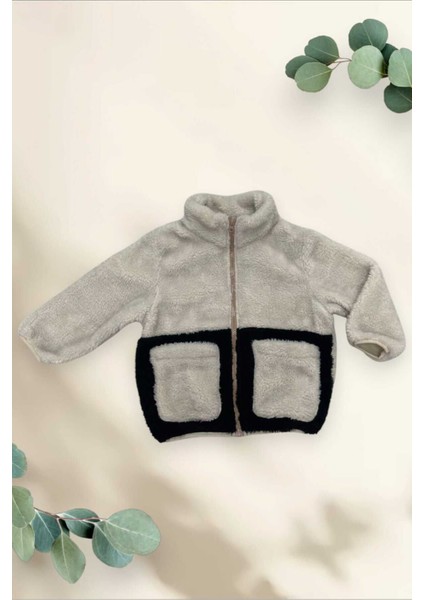 Kız Çocuk Peluş Ekru Siyah Cepli Fermuarlı Welsoft Kışlık Mont Fst-Fmç-K-Peluş modelleri