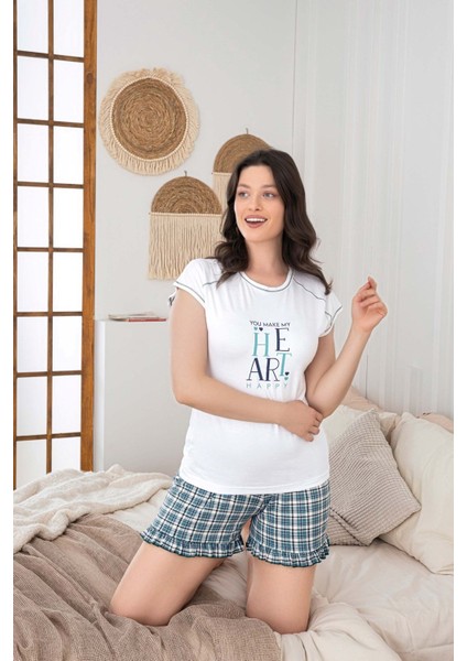 Kadın Düğmesiz Bisiklet Yaka Yazlık Kısa Kollu Mini Şortlu Pijama Takımı