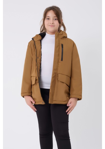 Kız Çocuk Taba Içi Kürklü Su ve Rüzgar Geçirmez Kapüşonlu 3 Cep Kışlık Mont & Kaban & Parka FST-FMPÇ-110 K