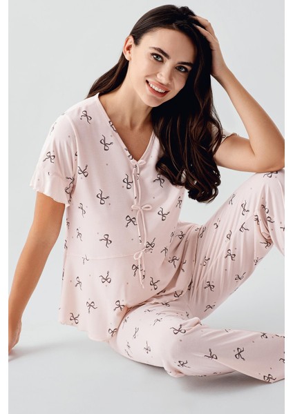 Fiyonk Desenli Kısa Kollu Esnek Viskoz Pijama Takım 17206 fırsatları