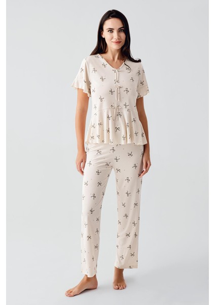 Fiyonk Desenli Kısa Kollu Esnek Viskoz Pijama Takım 17206