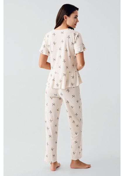 Fiyonk Desenli Kısa Kollu Esnek Viskoz Pijama Takım 17206 modelleri