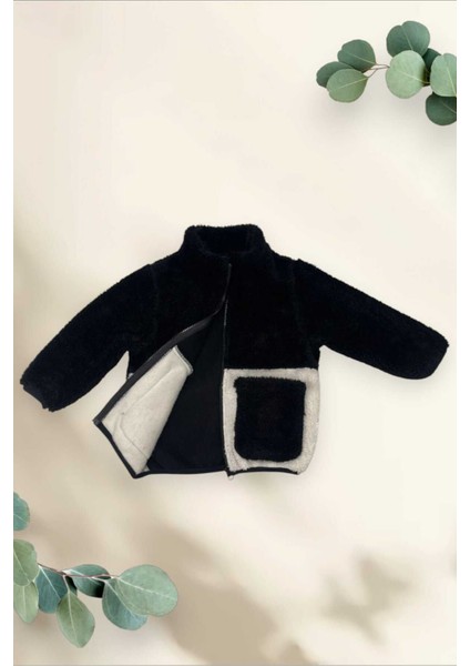 Kız Çocuk Peluş Siyah Ekru Cepli Fermuarlı Welsoft Kışlık Mont Fst-Fmç-K-Peluş