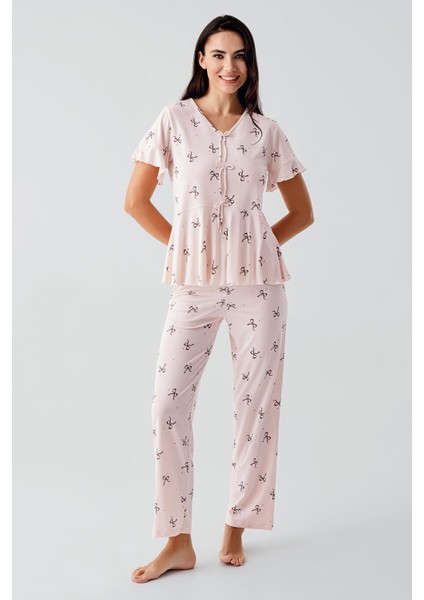 Fiyonk Desenli Kısa Kollu Esnek Viskoz Pijama Takım 17206