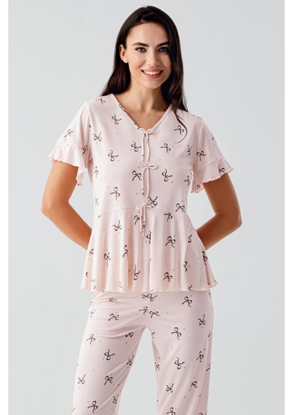 Fiyonk Desenli Kısa Kollu Esnek Viskoz Pijama Takım 17206 modelleri