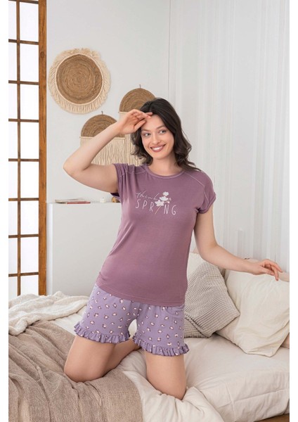 Kadın Düğmesiz Bisiklet Yaka Yazlık Kısa Kollu Mini Şortlu Pijama Takımı