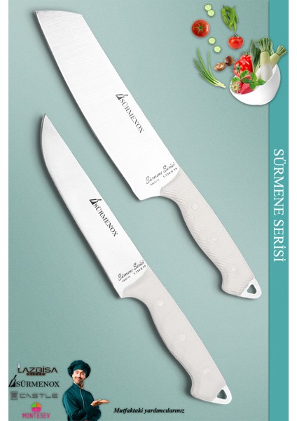 Sürmene Serisi Mutfak Santoku Şef Bıçak Seti Et Ekmek Sebze Şef Bıçağı 2'li Set Beyaz ( MFT-018 )