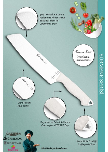 Sürmene Serisi Mutfak Santoku Şef Bıçak Seti Et Ekmek Sebze Şef Bıçağı 2'li Set Beyaz ( MFT-018 ) modelleri