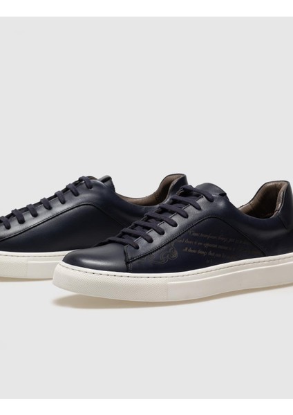 Hakiki Deri Lacivert Yazı Detaylı Bağcıklı Erkek Ayakkabı indirimleri