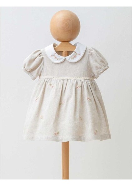 4287MY Kız Bebek Nakışlıi Keten Elbise
