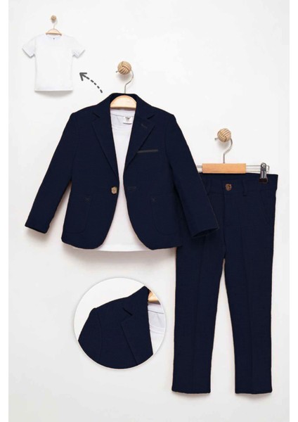 Blazer Ceket, Pantolon ve Tişört 3'lü Erkek Çocuk Takım Elbisesi - Lacivert