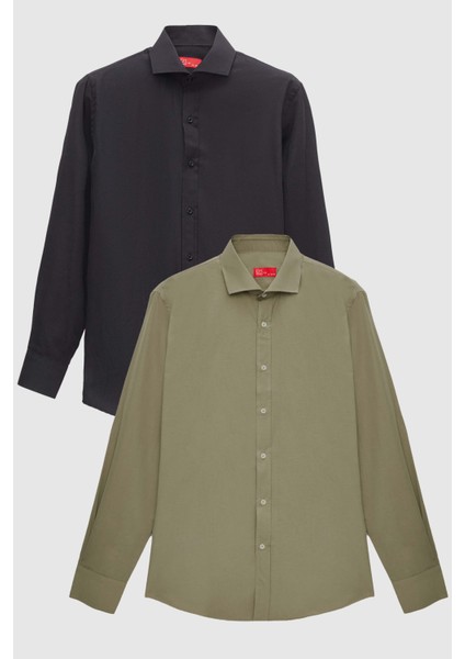 Ds Damat Slim Fit Siyah/haki Italyan Yaka Dar Kesim Klasik Kravatlık Uzun Kollu Kolay Ütülenebilir Nefes Alan 2'li Gömlek 2HF02ORTBN86