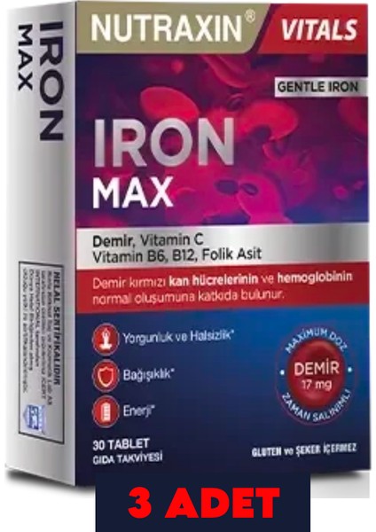 Iron Max Demir, Vitamin C, Vitamin B12 Içeren Takviye Edici Gıda 30 Tablet 3 Adet
