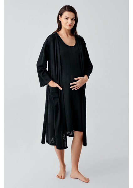 Kalın Askılı Ajurlu Esnek Pamuklu Hamile Sabahlık Gecelik Takım 17408