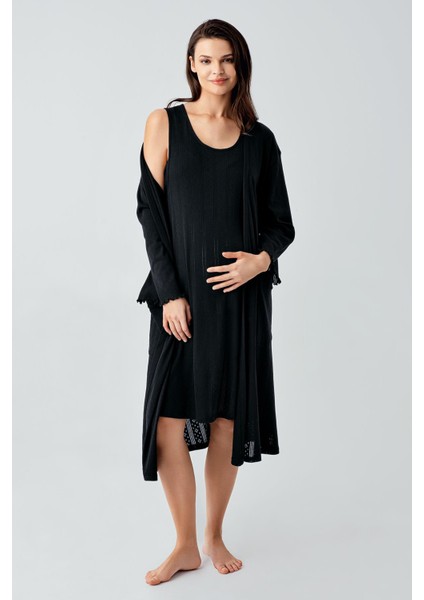 Kalın Askılı Ajurlu Esnek Pamuklu Hamile Sabahlık Gecelik Takım 17408 modelleri