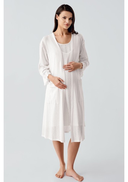 Kalın Askılı Ajurlu Esnek Pamuklu Hamile Sabahlık Gecelik Takım 17408